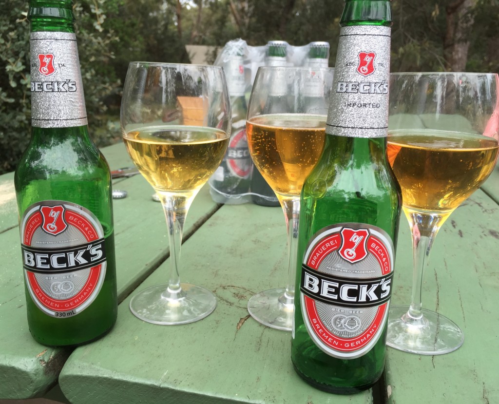 Left: Aussie-brewed Beck's, pale and fresh. Right: two glasses of the darker, stale imports