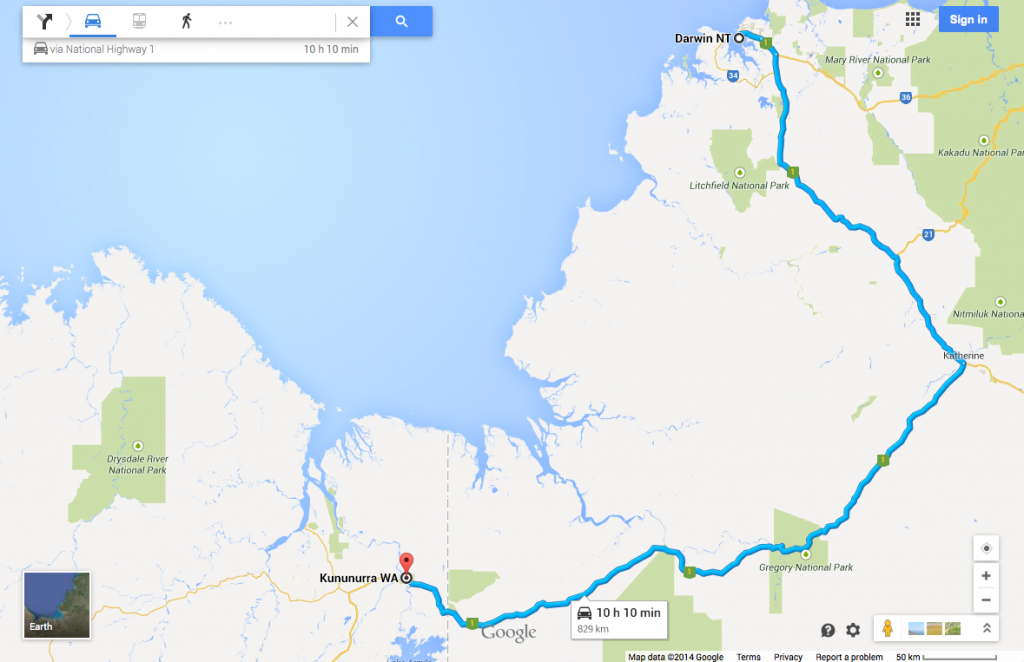 Darwin, Northern Territory, to Kununurra, Western Australia. Source: Google Maps.