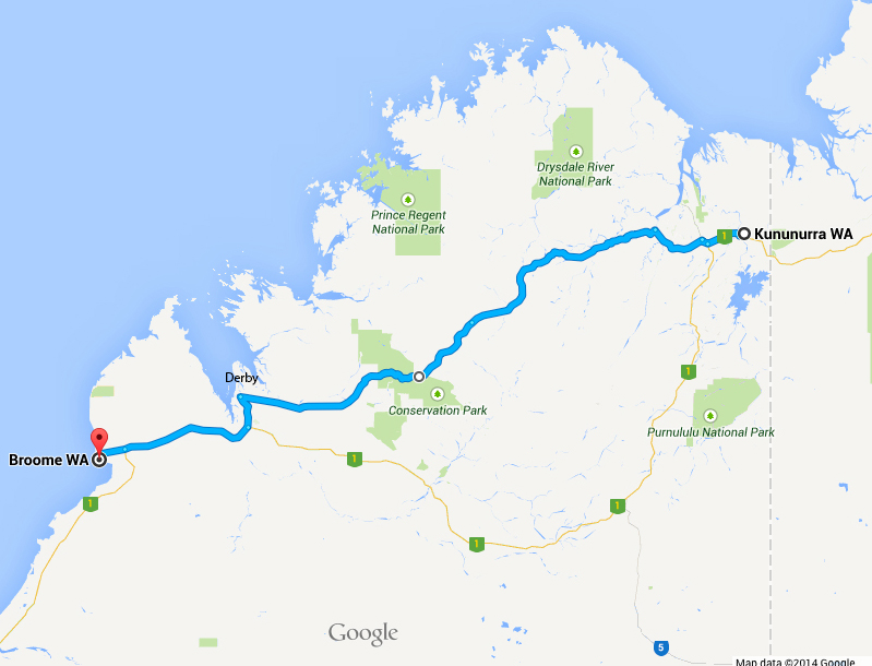 The mighty Kimberley: the dirt Gibb River Road (blue) and sealed Great Northern Highway (1).Source: Google Maps.