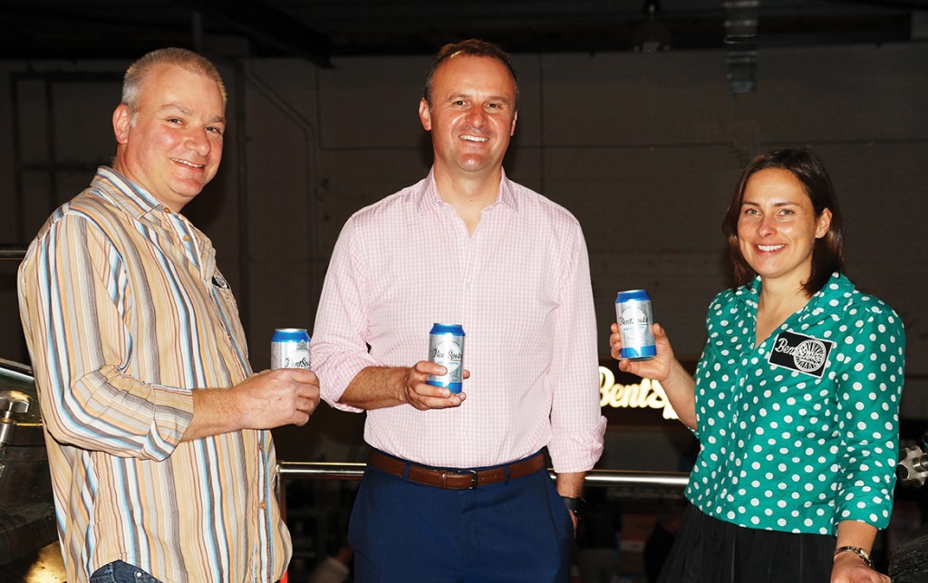 BentSpoke owners Richard Watkins and Tracy Margrain with ACT  Chief Minister Andrew Barr (centre)